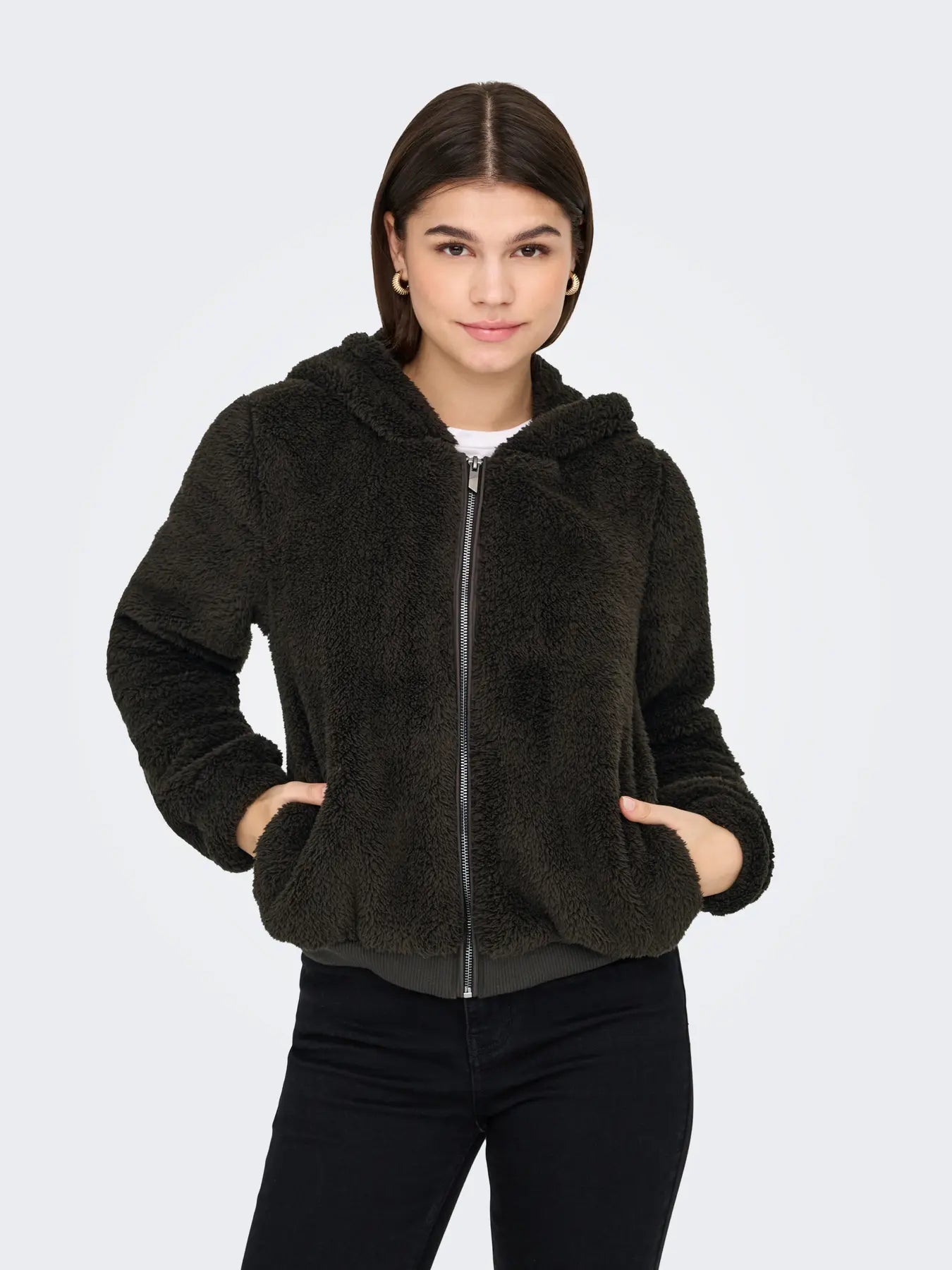 Newanna Teddy Hooded Zip Jacket Brown