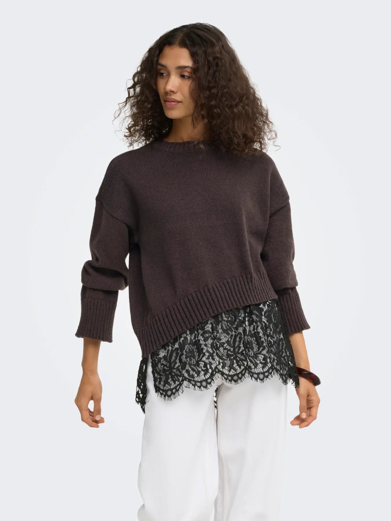 Evie Lace Hem Knit Jumper Brown
