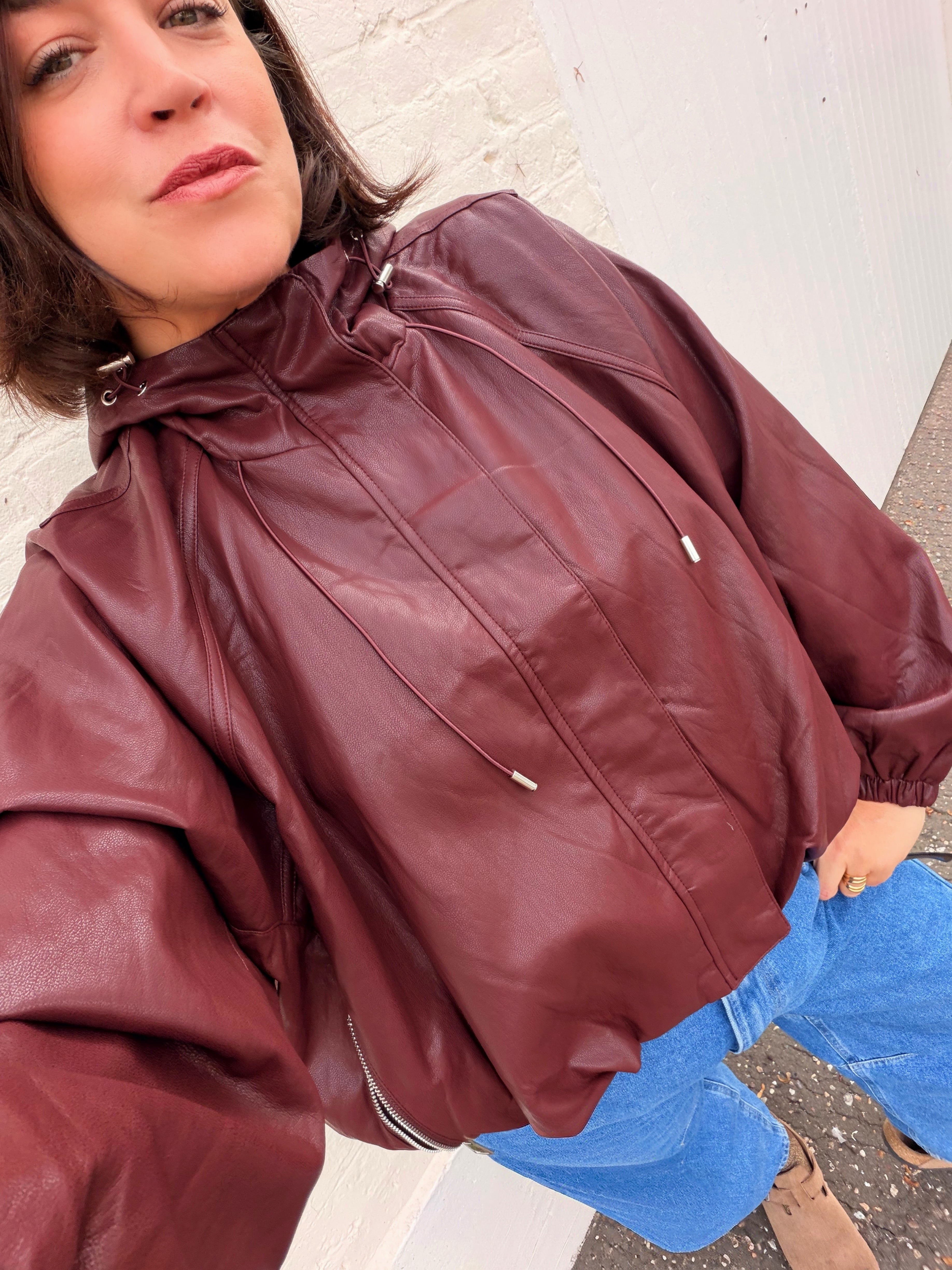 Cici Faux Leather Hooded Bomber Jacket