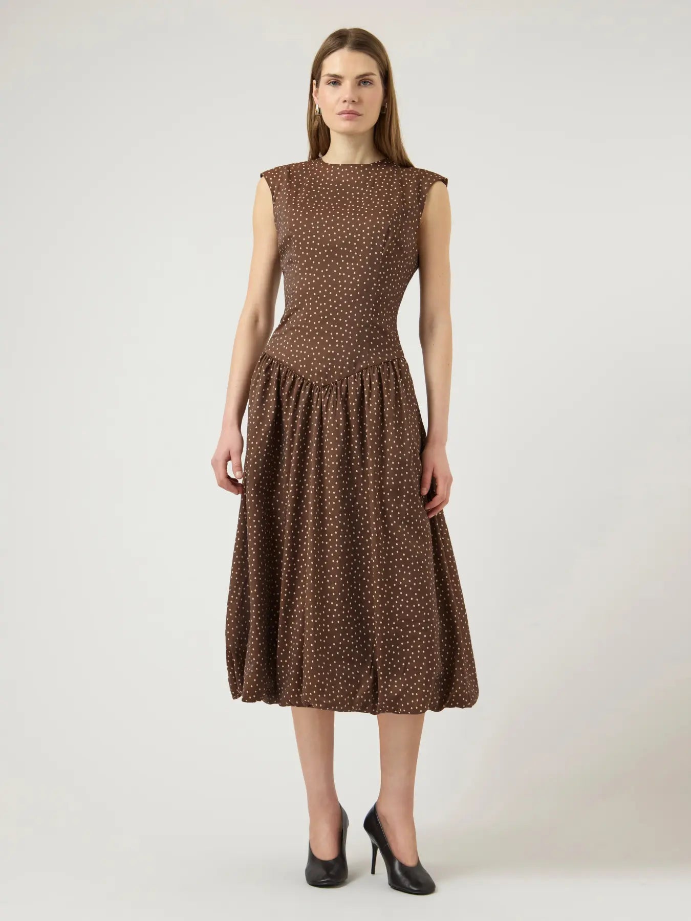 Krissi Bubble Hem Long Dress Brown Polka Dot
