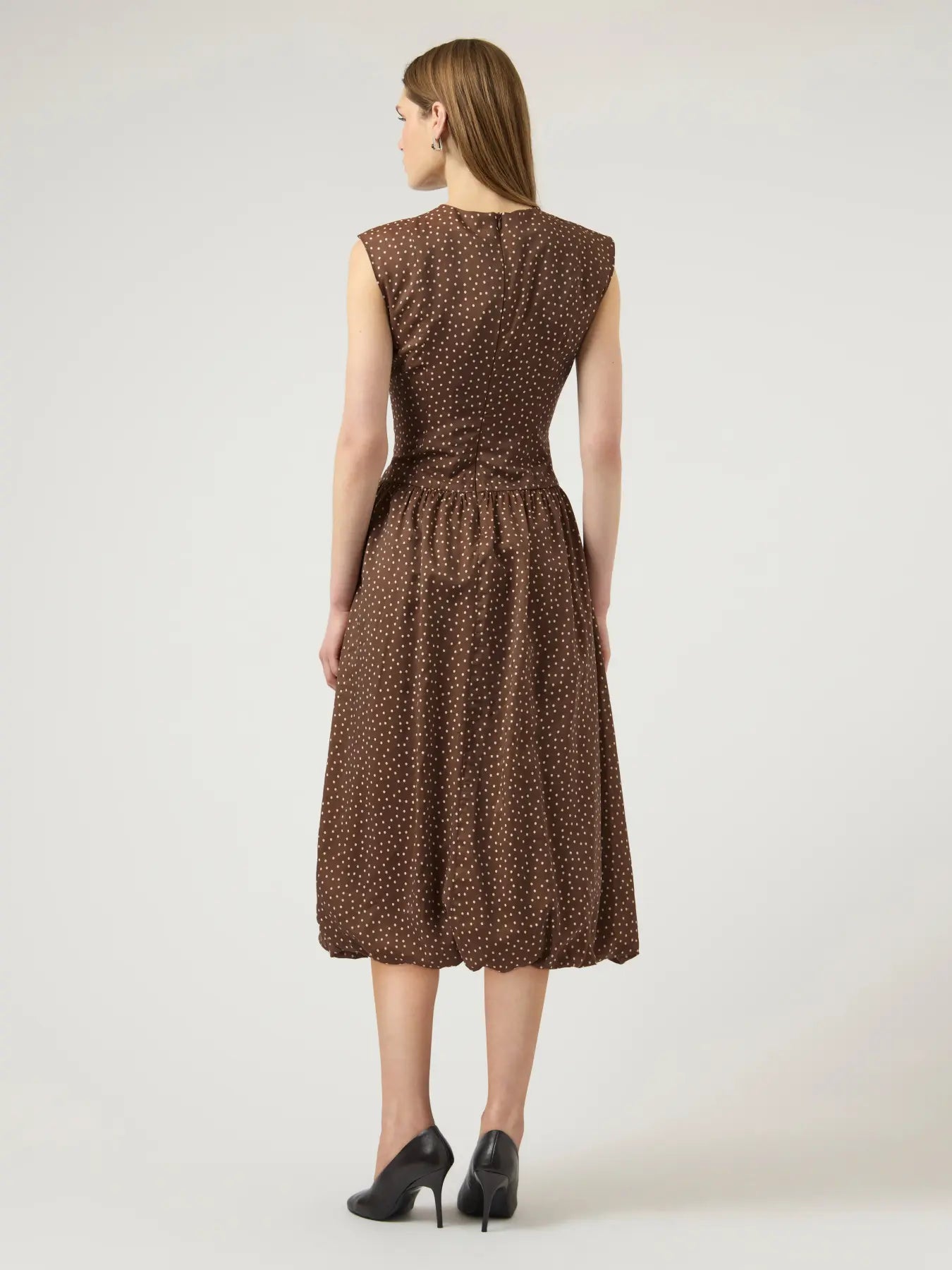 Krissi Bubble Hem Long Dress Brown Polka Dot