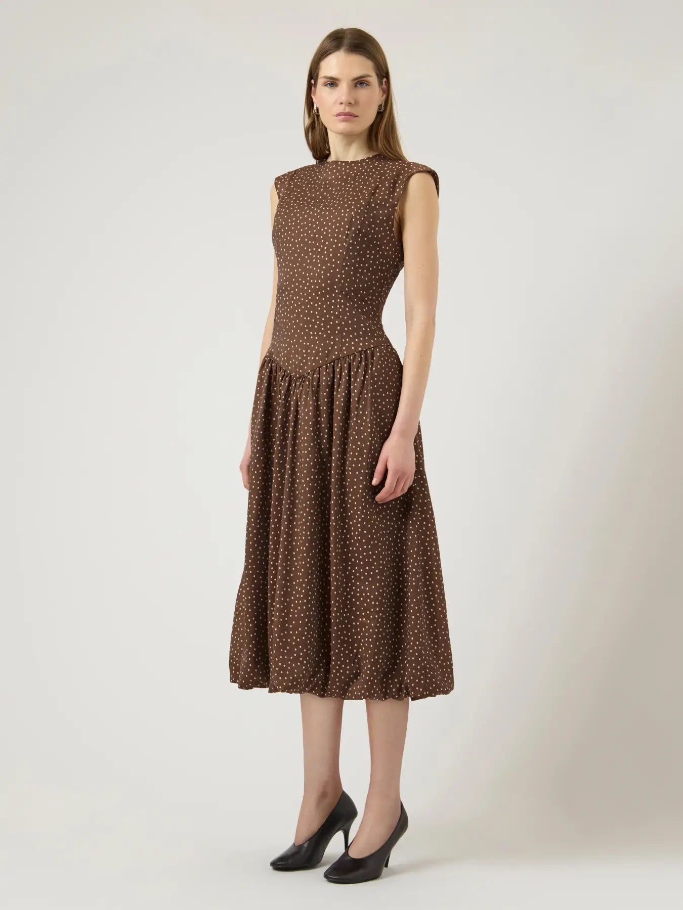 Krissi Bubble Hem Long Dress Brown Polka Dot
