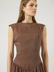 Krissi Bubble Hem Long Dress Brown Polka Dot