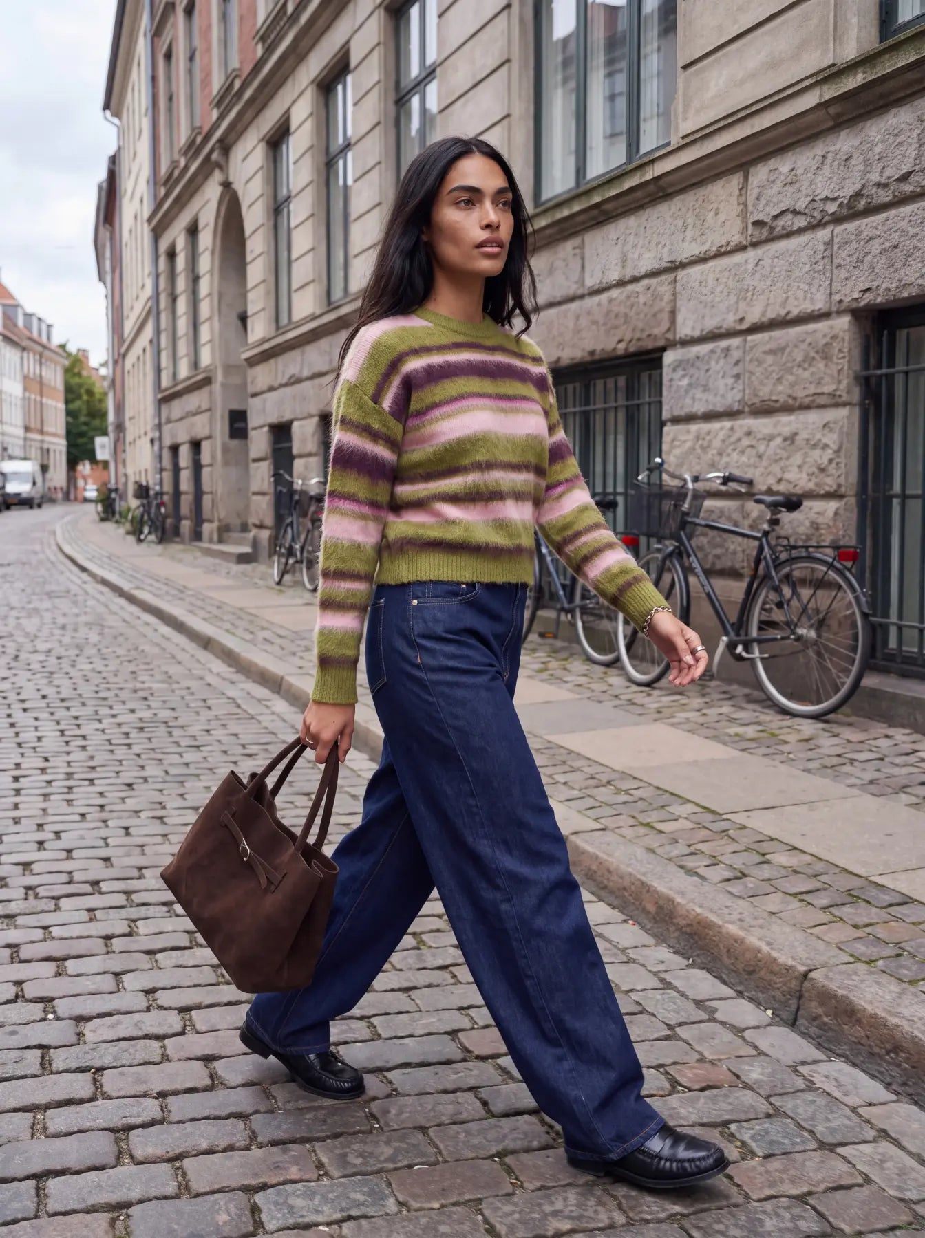 Calista Crew Neck Stripe Knit Green Moss