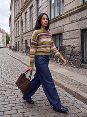 Calista Crew Neck Stripe Knit Green Moss