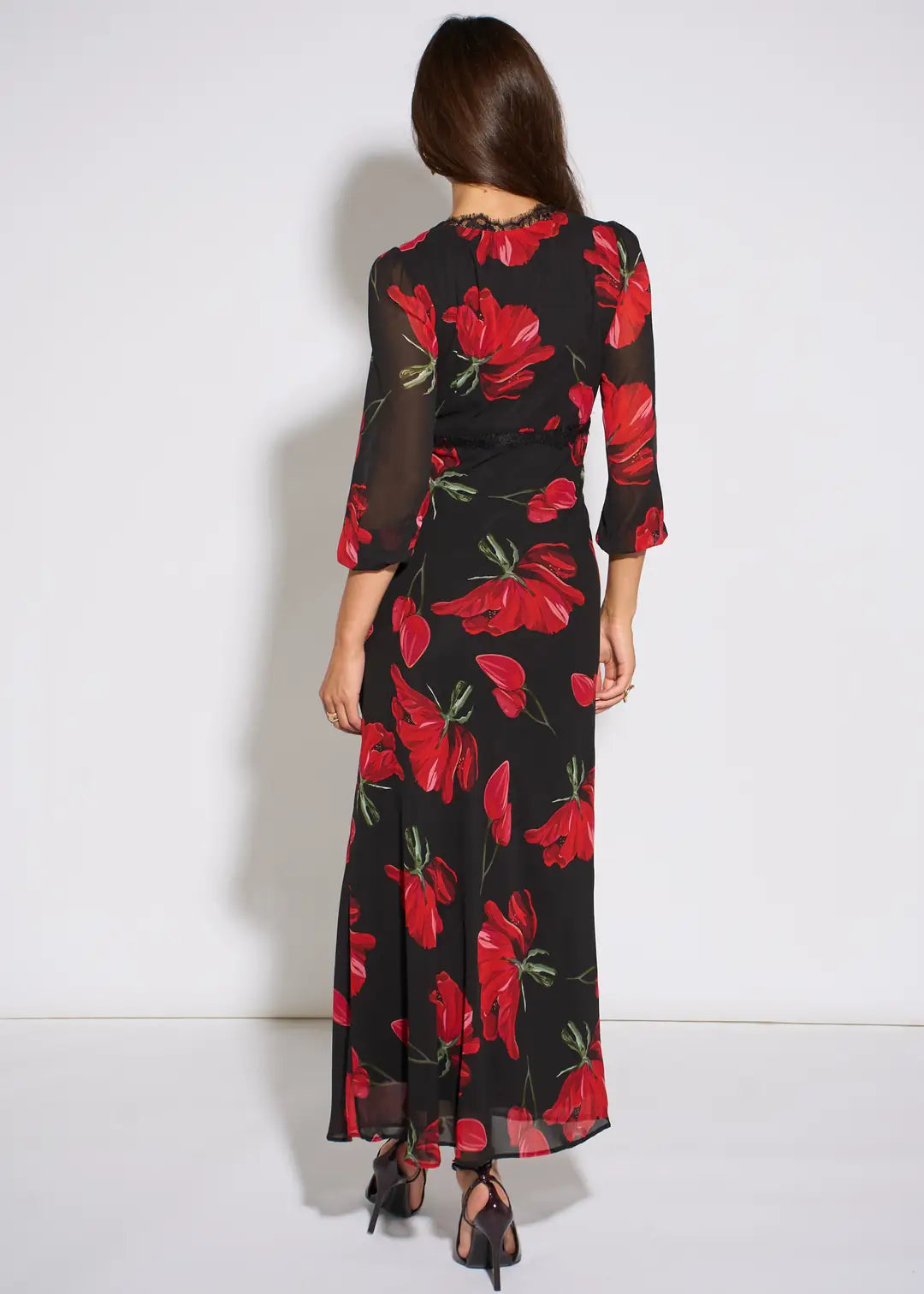 Bebe Black Base Red Bloom Lace Trim Midi Dress