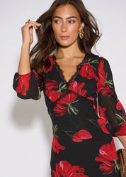 Bebe Black Base Red Bloom Lace Trim Midi Dress