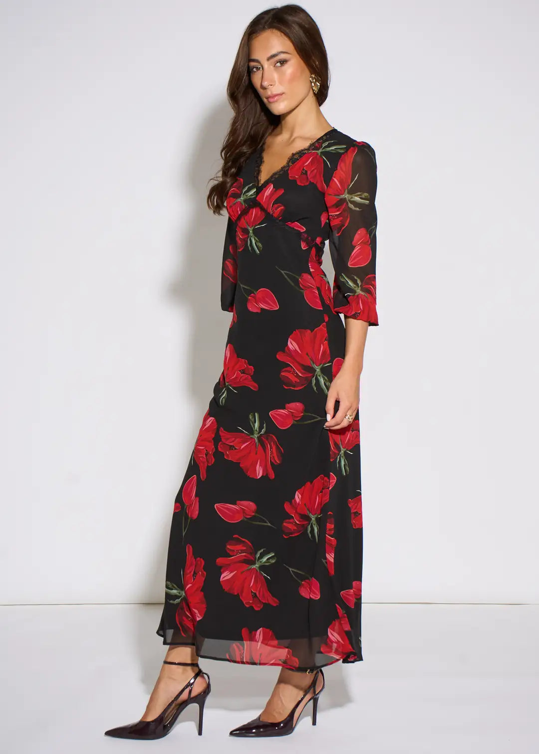 Bebe Black Base Red Bloom Lace Trim Midi Dress