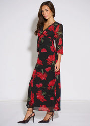 Bebe Black Base Red Bloom Lace Trim Midi Dress