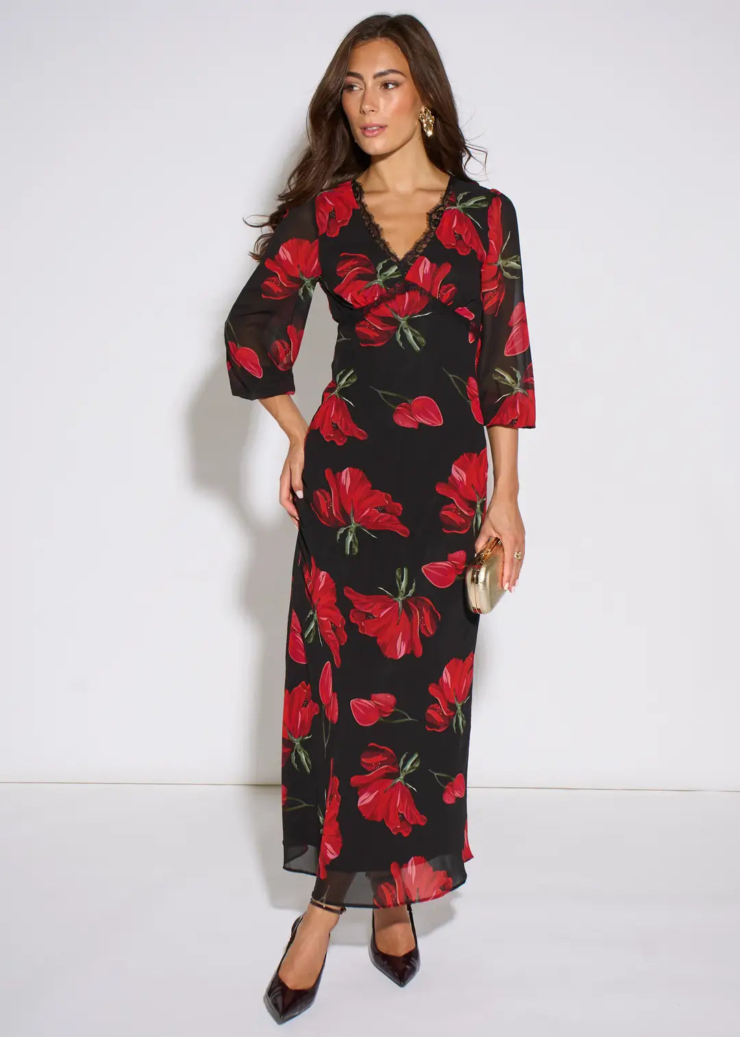 Bebe Black Base Red Bloom Lace Trim Midi Dress