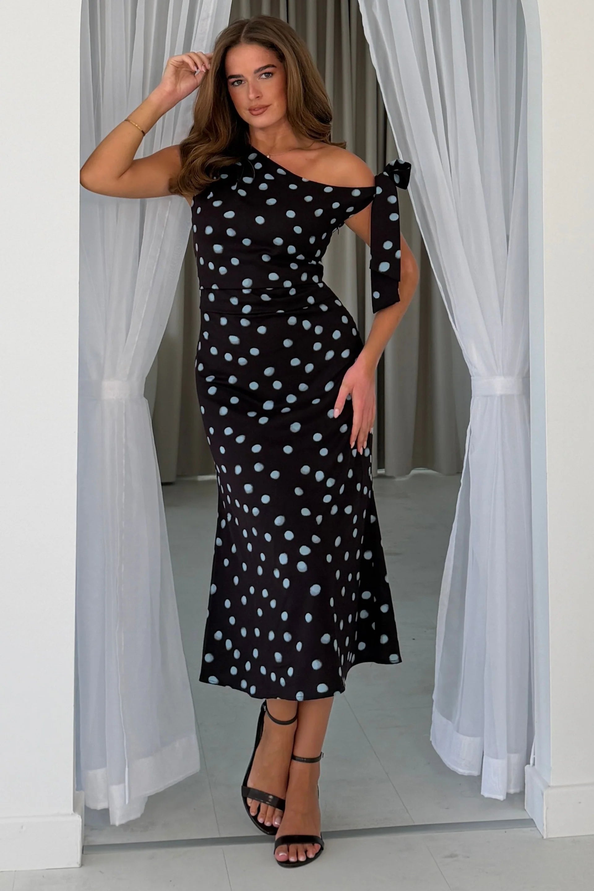 Luciana Spot Tie Shoulder Midi Dress Brown