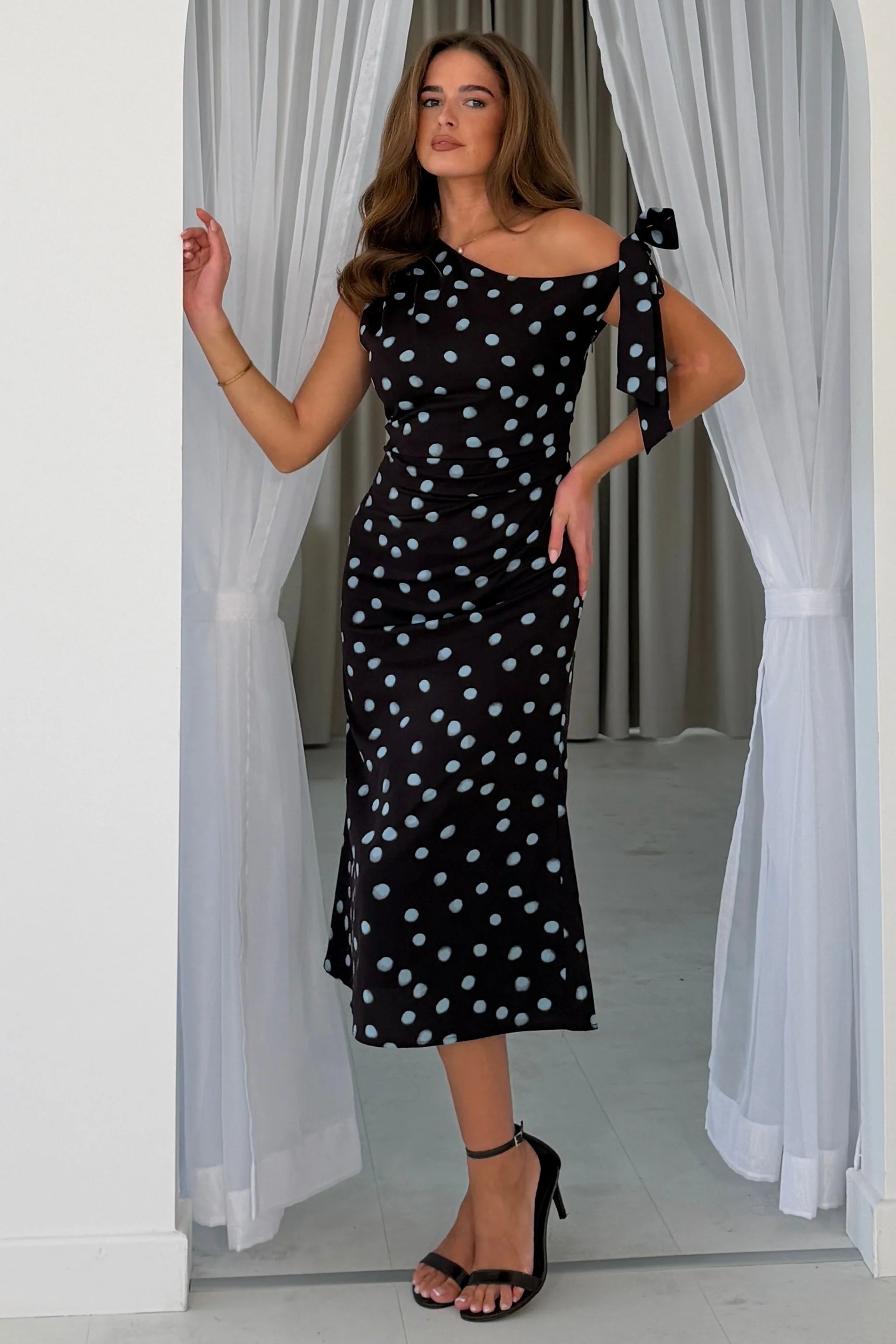 Luciana Spot Tie Shoulder Midi Dress Brown