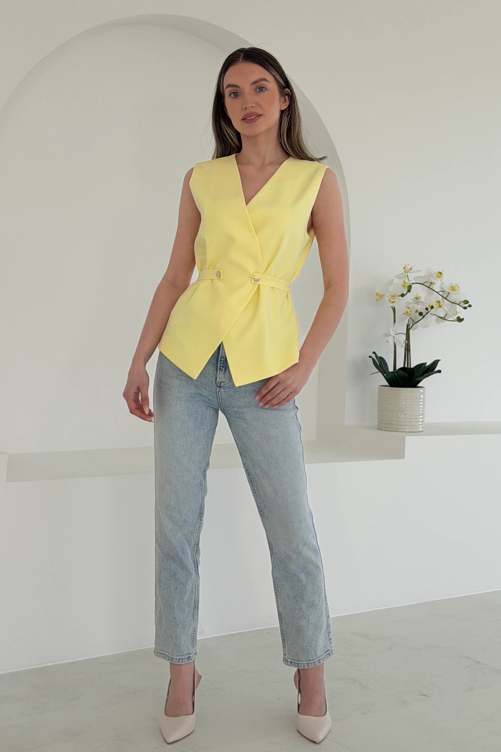 Luni Belted Button Waistcoat Yellow