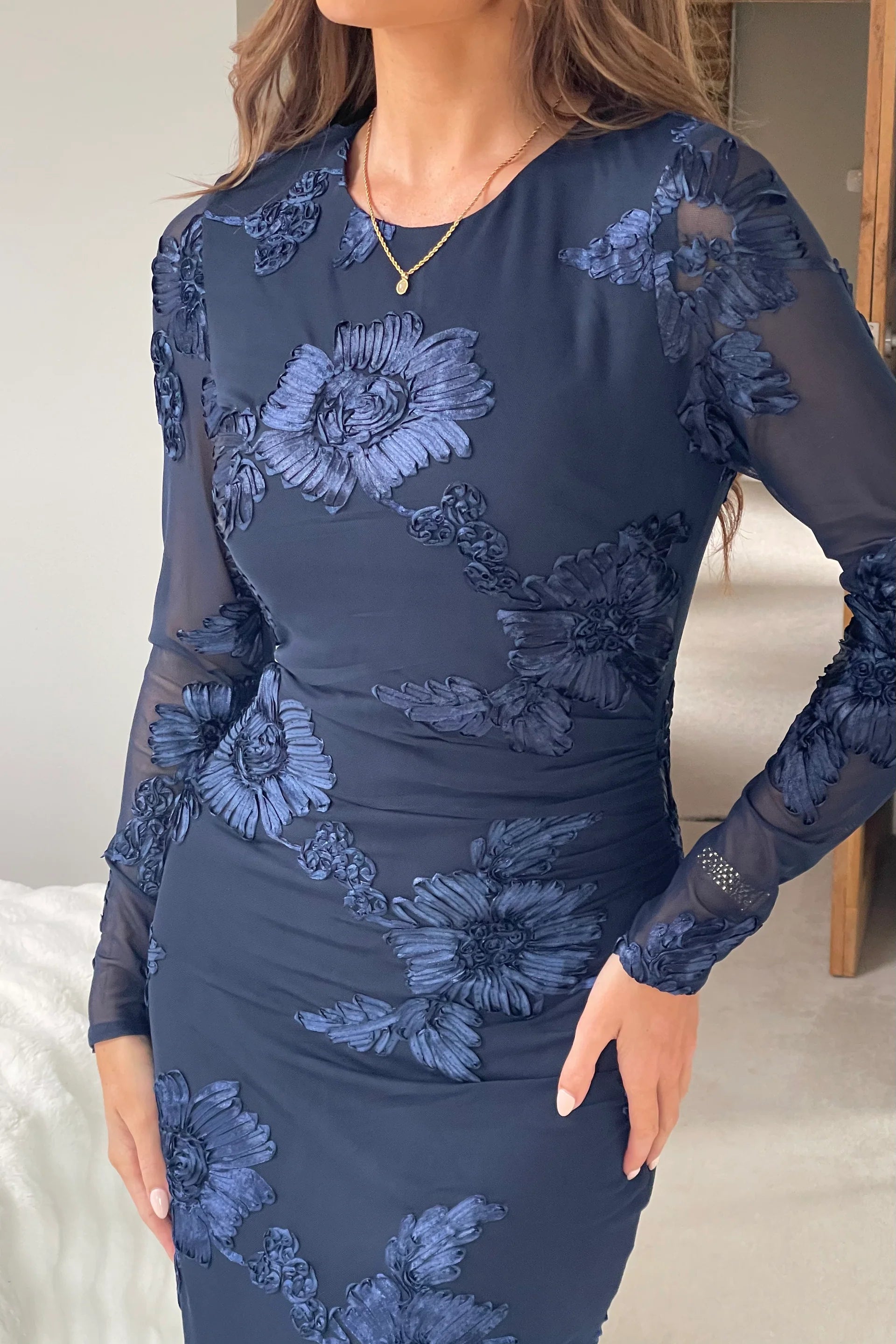 Elodie Floral Embroidered Mesh Bodycon Dress Navy