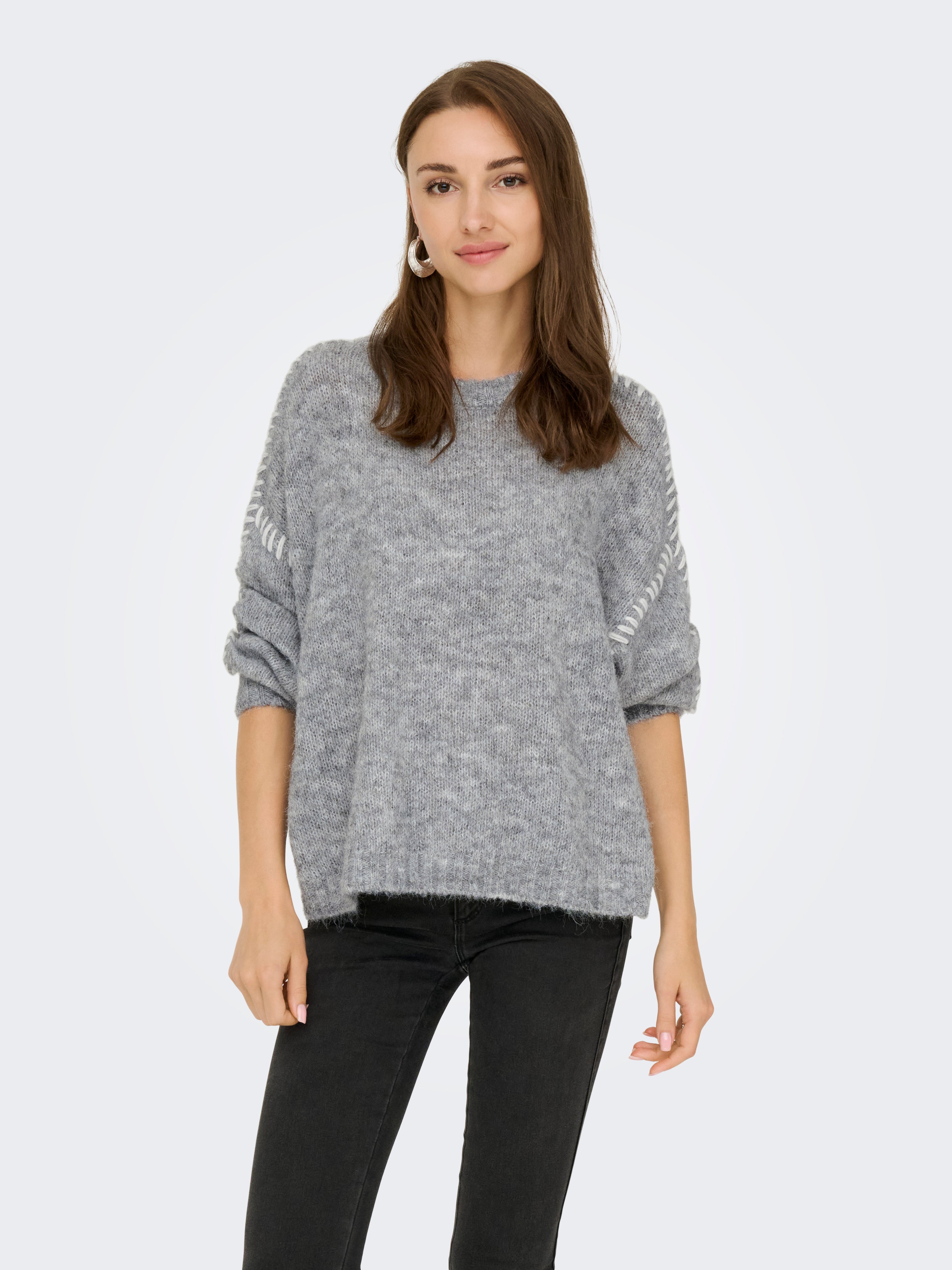 Zoey Light Grey Stitch-Contrast Pullover