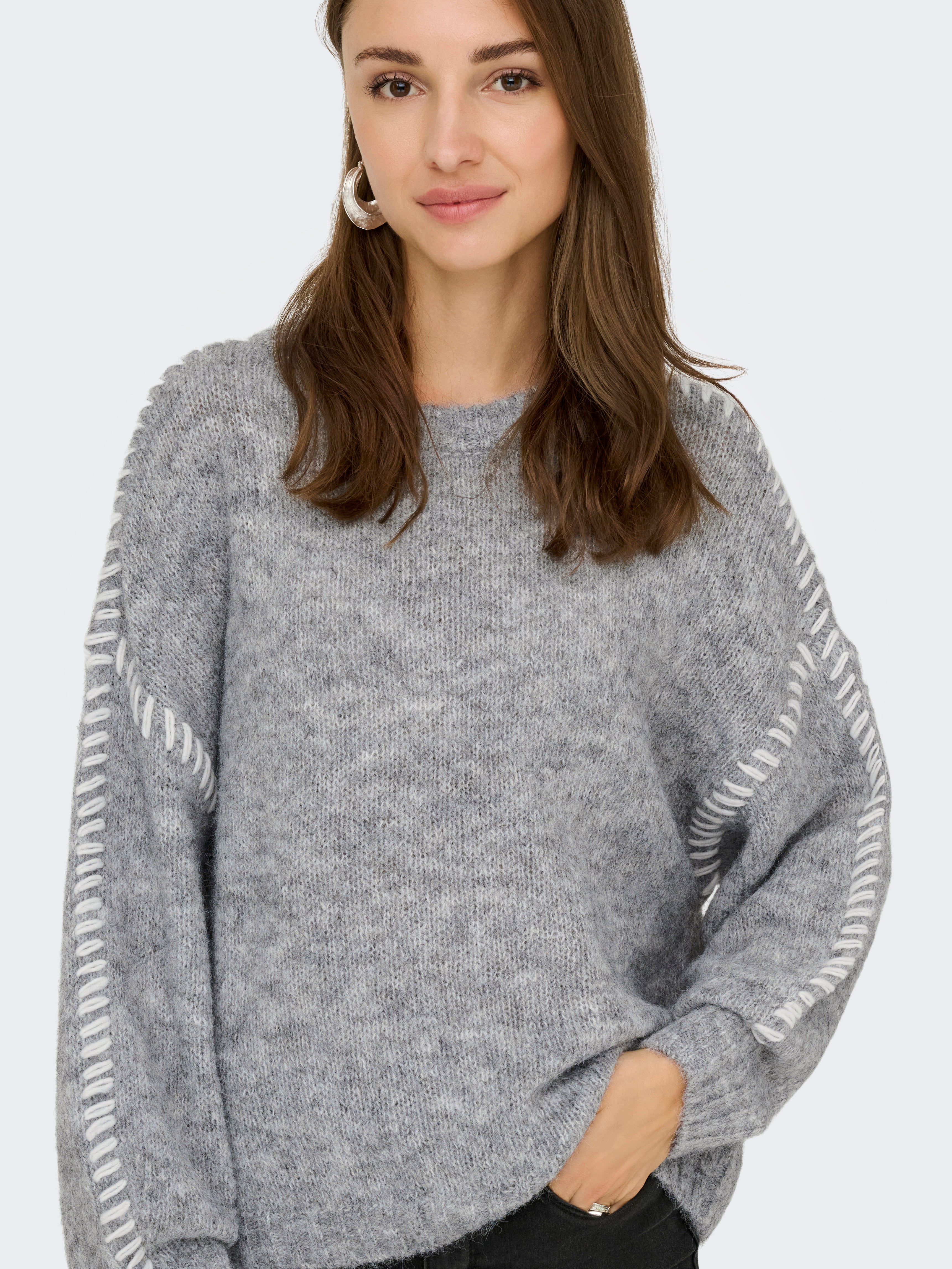 Zoey Light Grey Stitch-Contrast Pullover