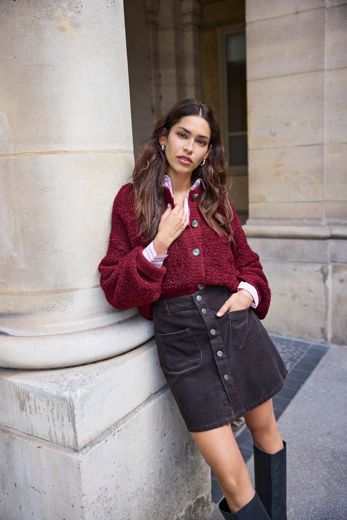 Eira Fluffy Burgundy O-neck Cardigan