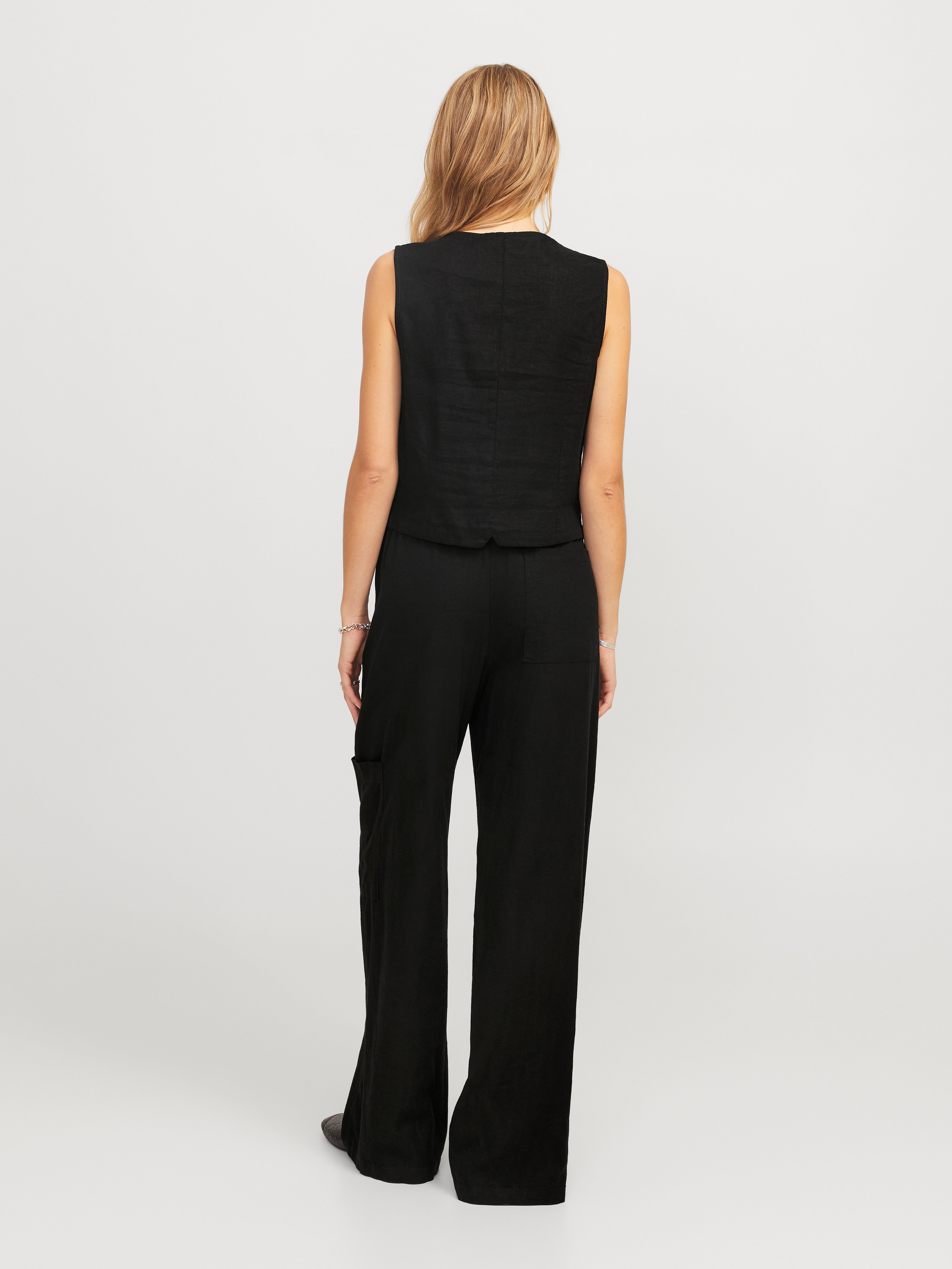Breeze Black Linen Tie Front Sleeveless Vest/Waistcoat