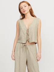 Breeze Pinstripe Linen Tie Front Sleeveless Vest/Waistcoat