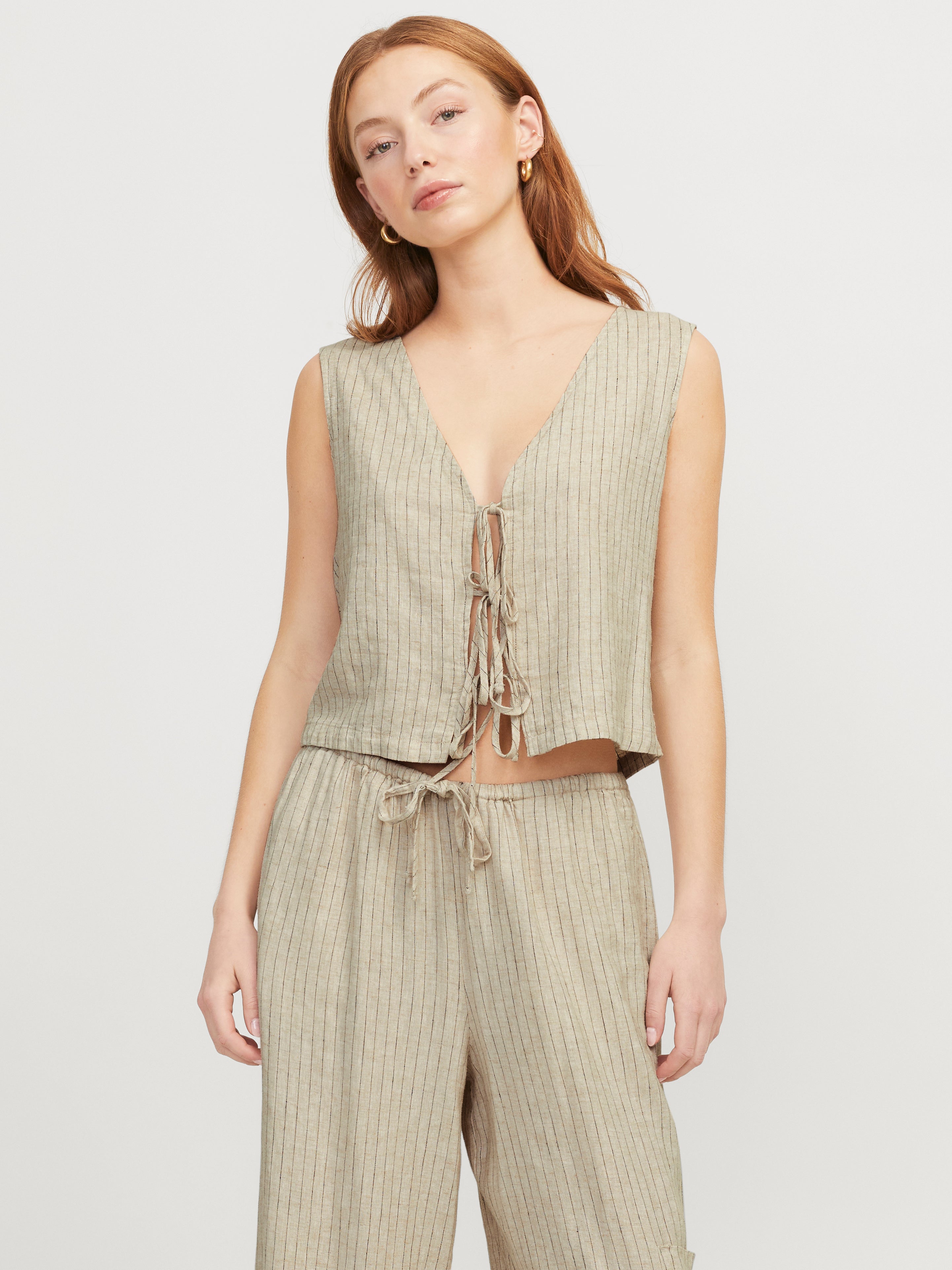 Breeze Pinstripe Linen Tie Front Sleeveless Vest/Waistcoat