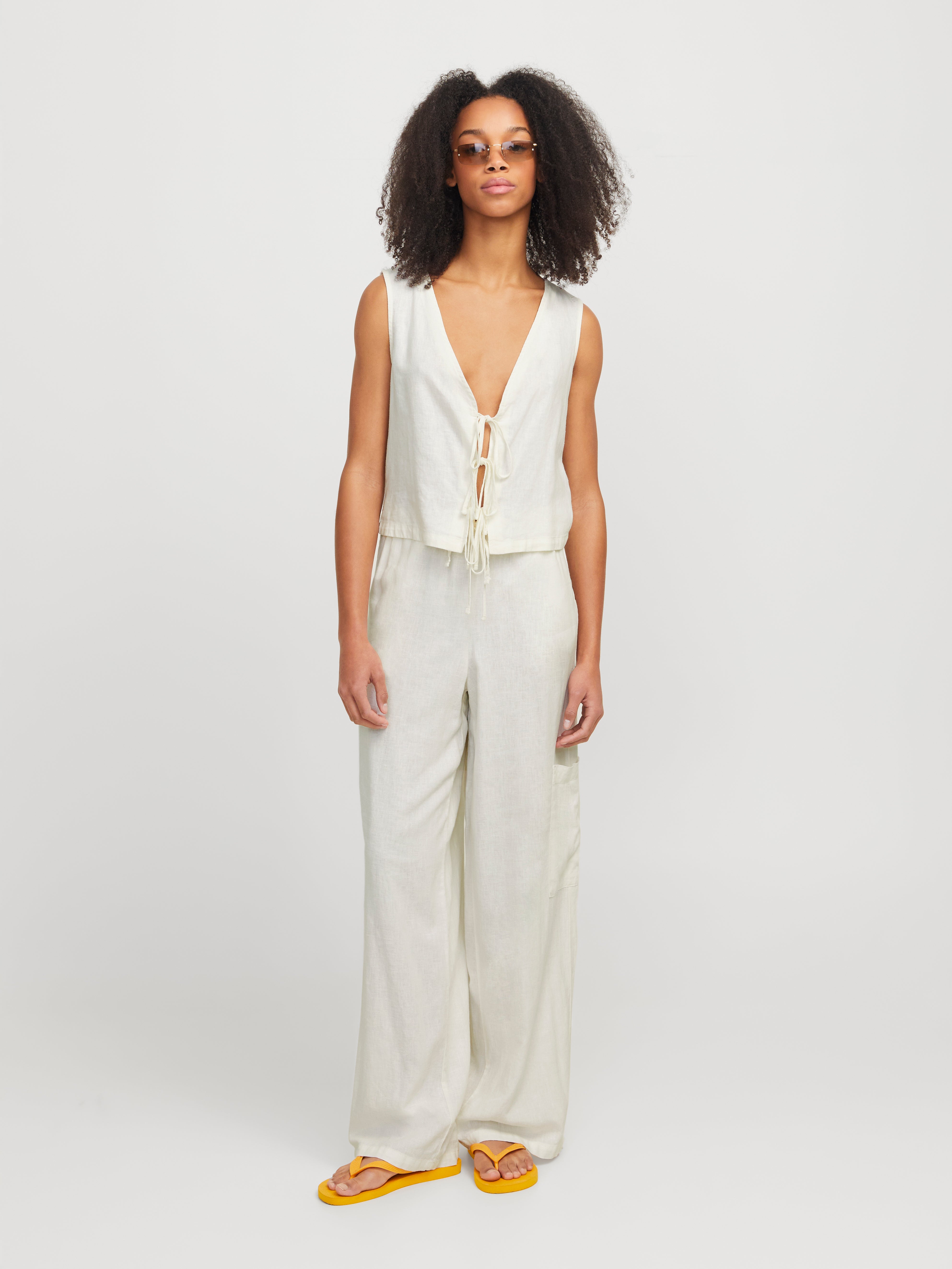 Breeze Cream Linen Tie Front Sleeveless Vest/Waistcoat