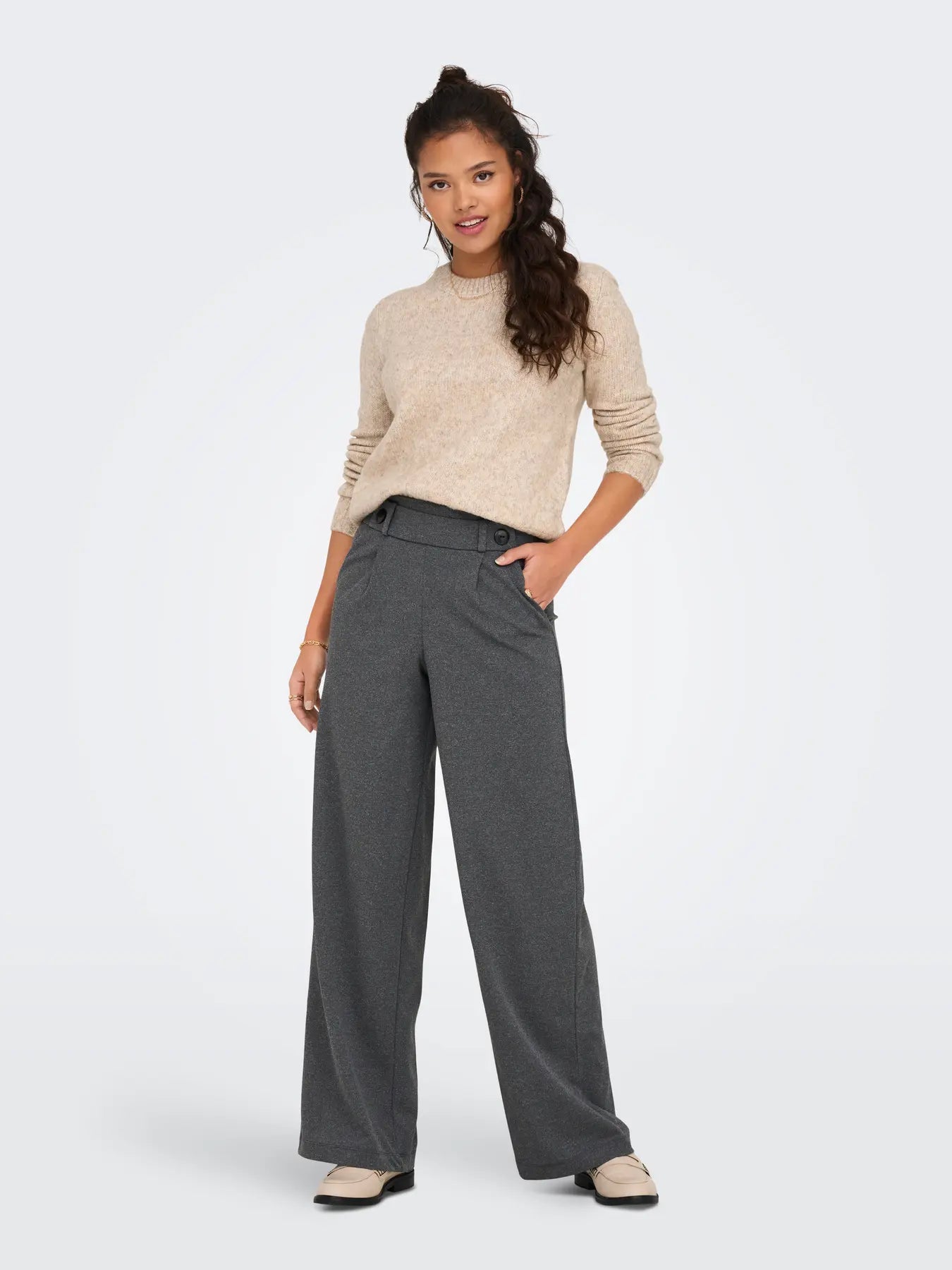 Geggo Button Grey Wide Leg Trousers