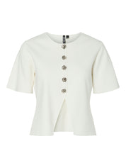 Marie White O-Neck Split Front Top with Silver Buttons