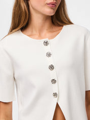 Marie White O-Neck Split Front Top with Silver Buttons