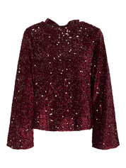 Kam Sequin Long Sleeve Top with Bow Detail - Wine
