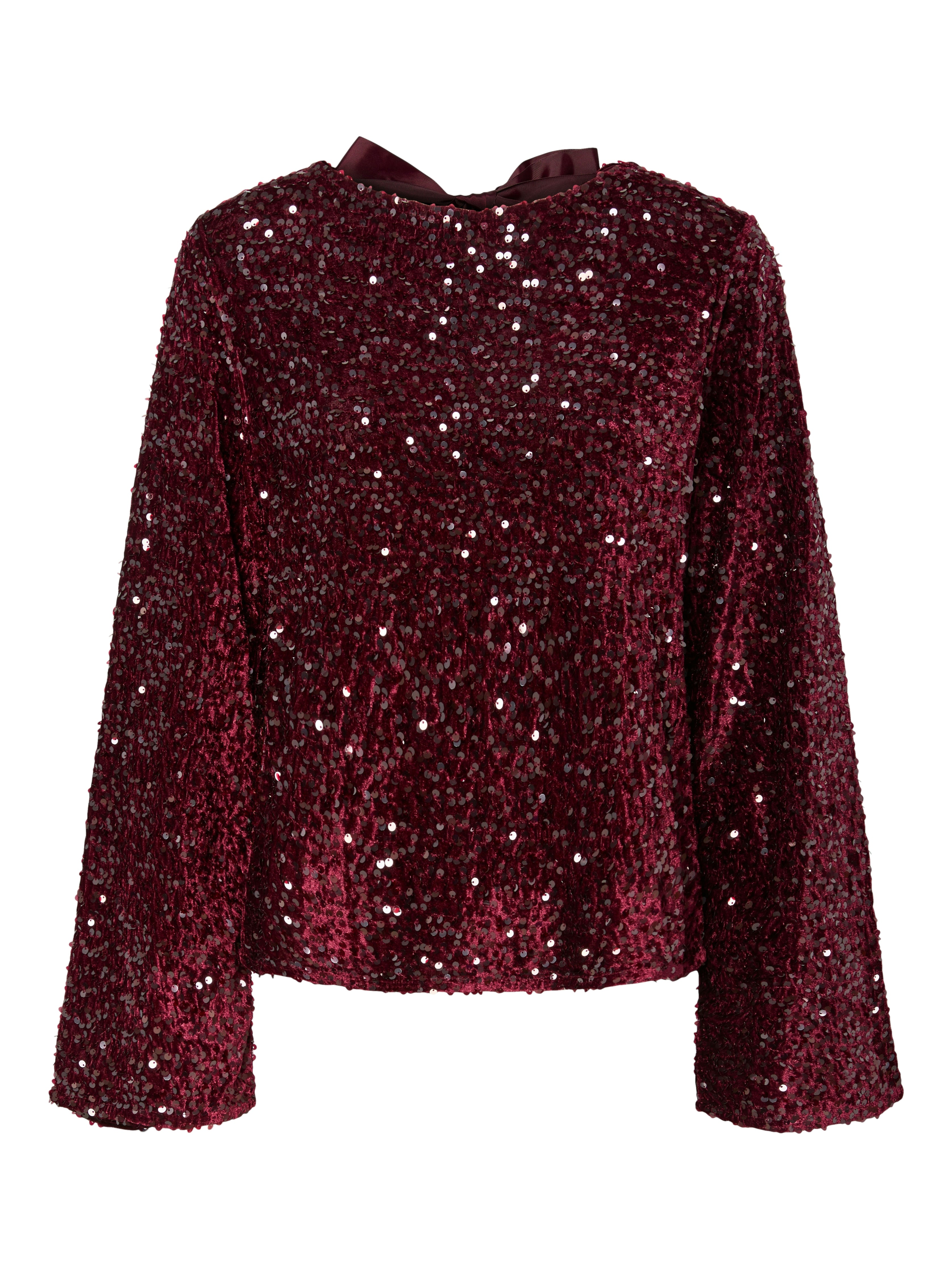 Kam Sequin Long Sleeve Top with Bow Detail - Wine