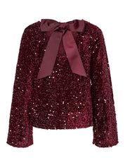 Kam Sequin Long Sleeve Top with Bow Detail - Wine