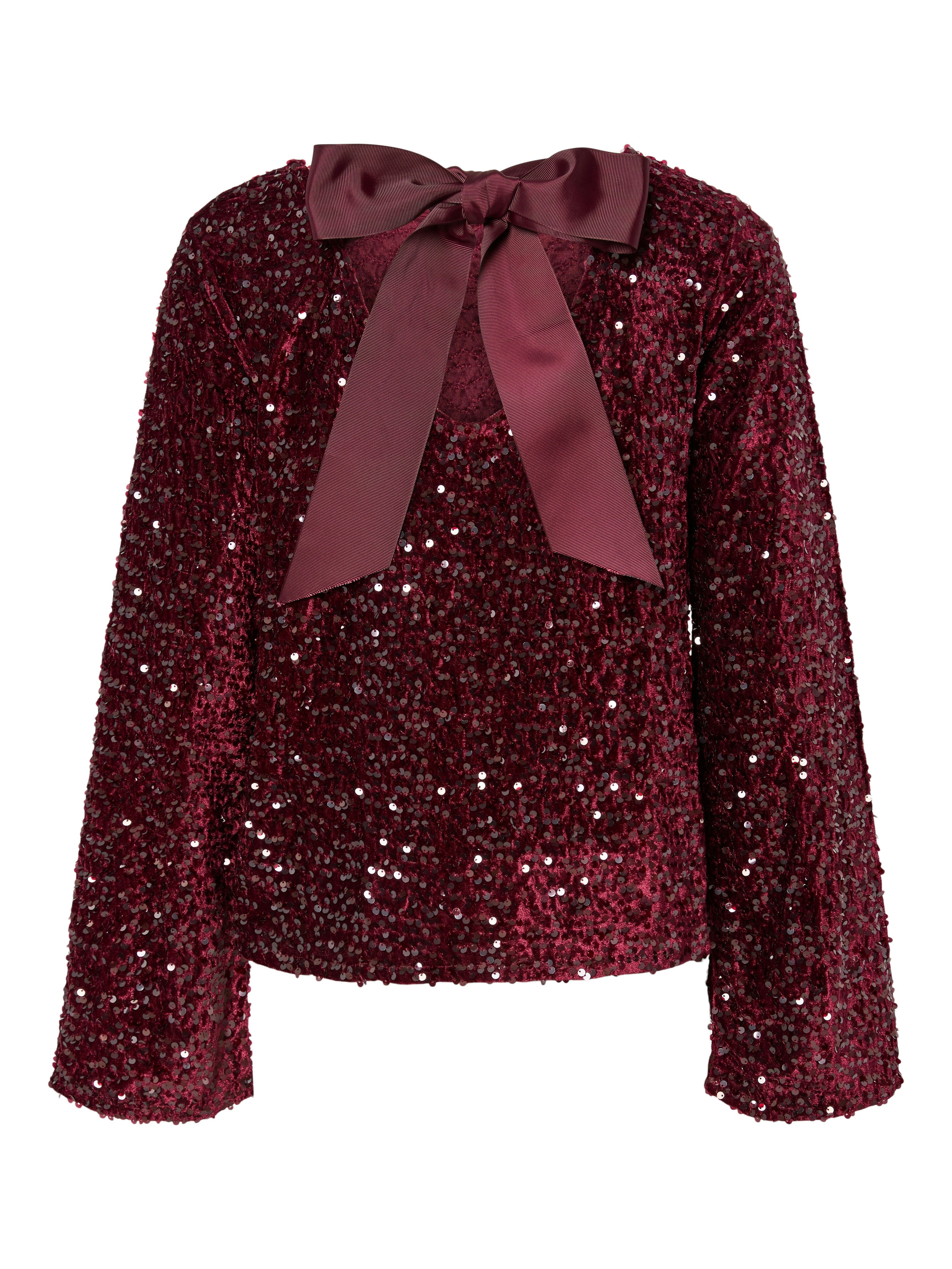 Kam Sequin Long Sleeve Top with Bow Detail - Wine