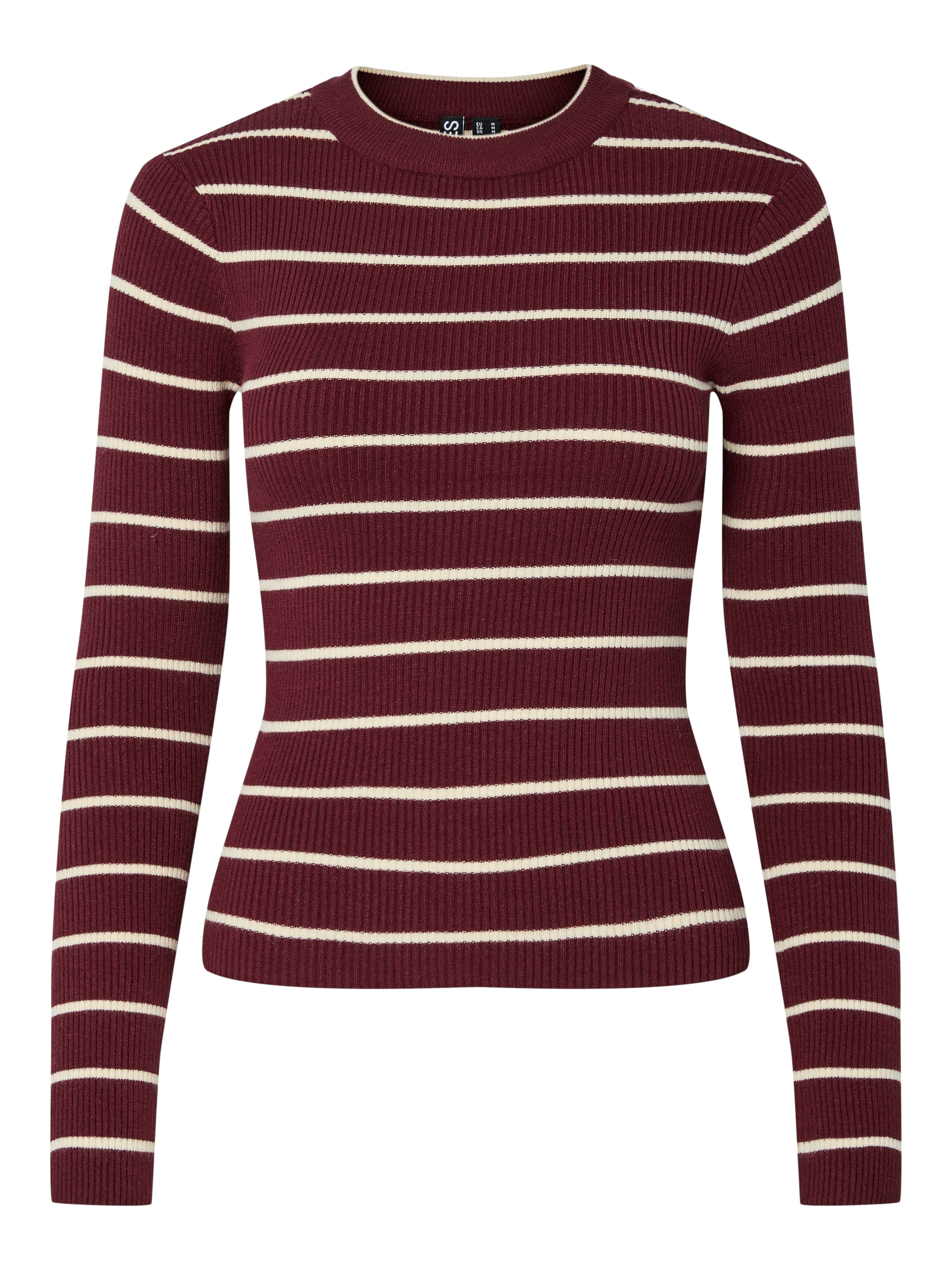 Mira Wine Striped Ribbed O-Neck Fitted Knit Top