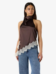 Sofie Brown Satin Halterneck Top with Lace Trim