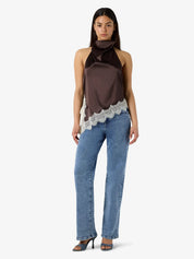 Sofie Brown Satin Halterneck Top with Lace Trim