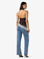 Sofie Brown Satin Halterneck Top with Lace Trim