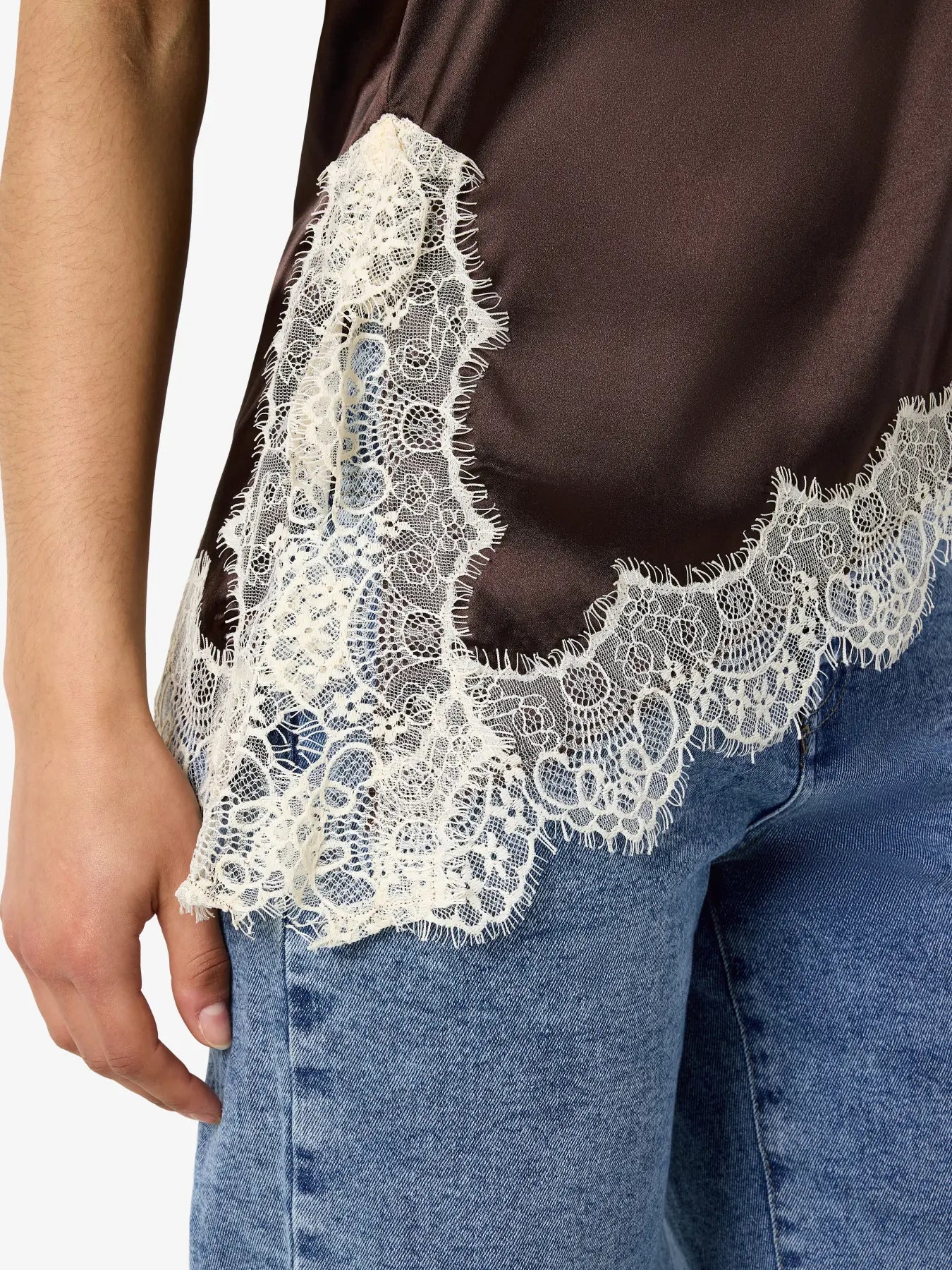 Sofie Brown Satin Halterneck Top with Lace Trim