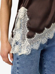 Sofie Brown Satin Halterneck Top with Lace Trim