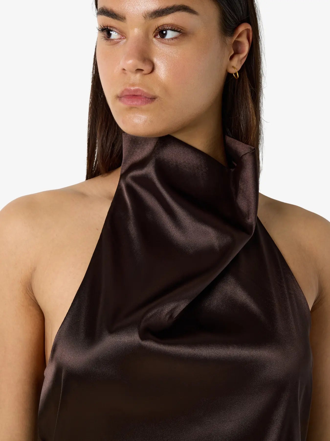 Sofie Brown Satin Halterneck Top with Lace Trim