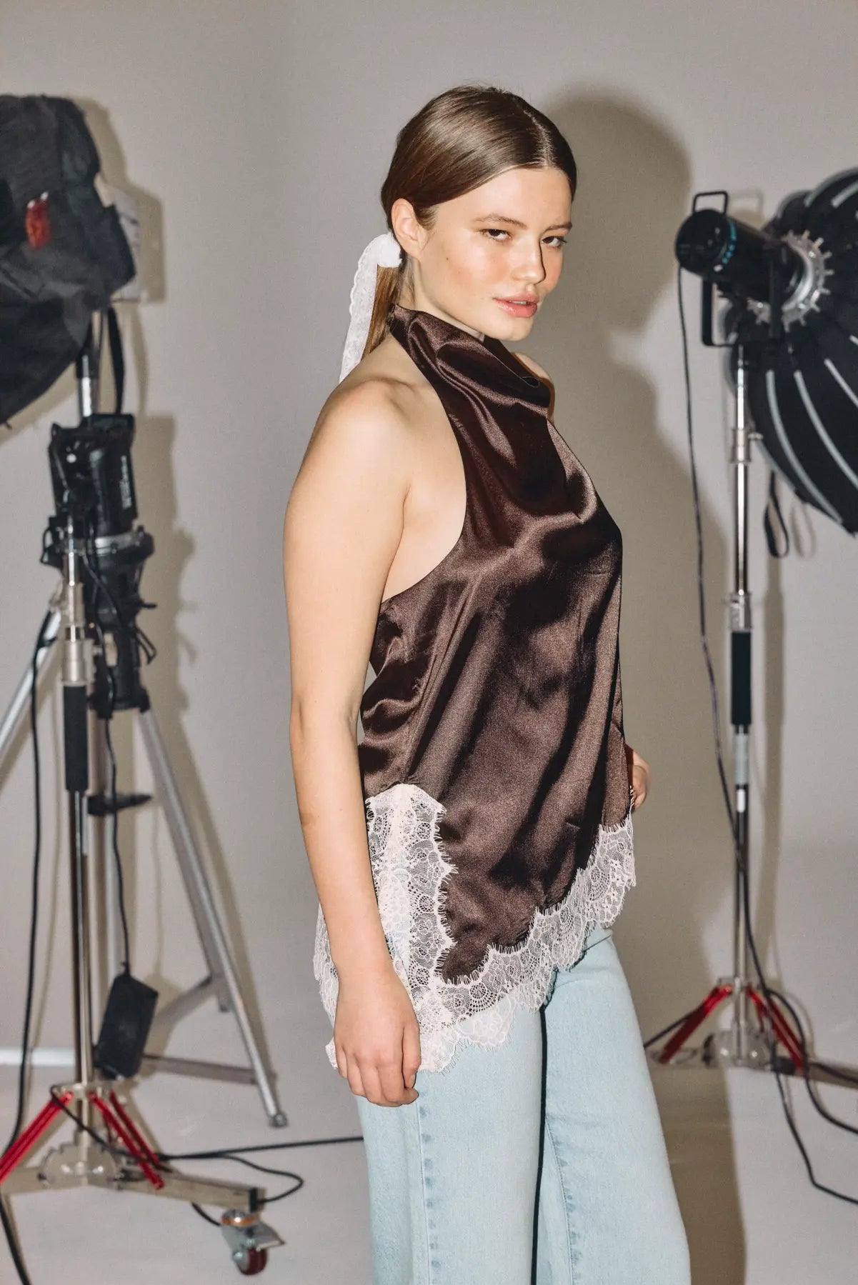 Sofie Brown Satin Halterneck Top with Lace Trim