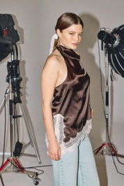 Sofie Brown Satin Halterneck Top with Lace Trim