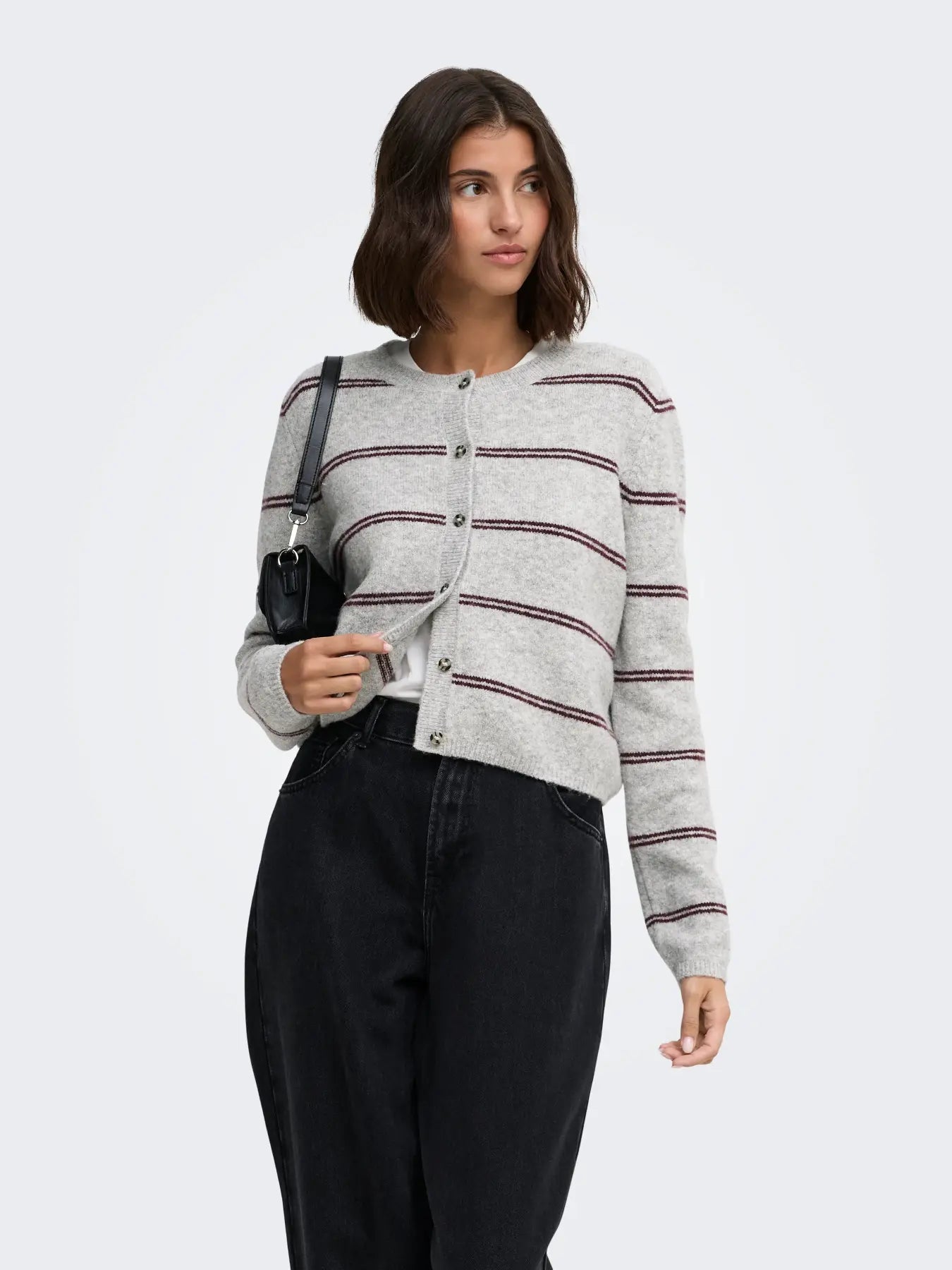 Chloe Button up Cardigan Grey/Wine Stripe
