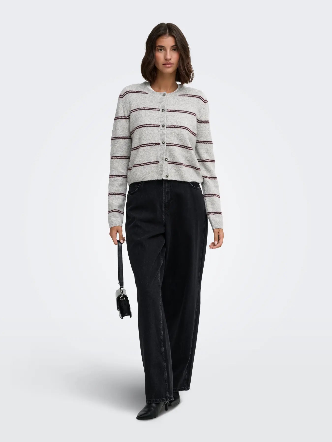 Chloe Button up Cardigan Grey/Wine Stripe