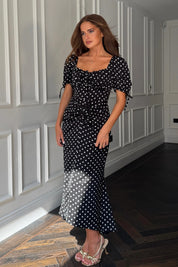 Dove Ruched Detail Midi Dress – Spot Print