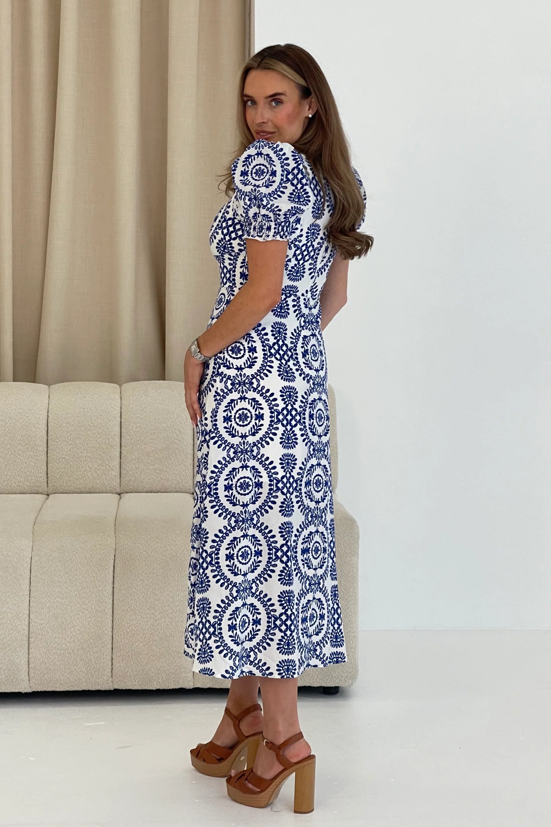 Lillian Blue Embroderie Print Midi Dress