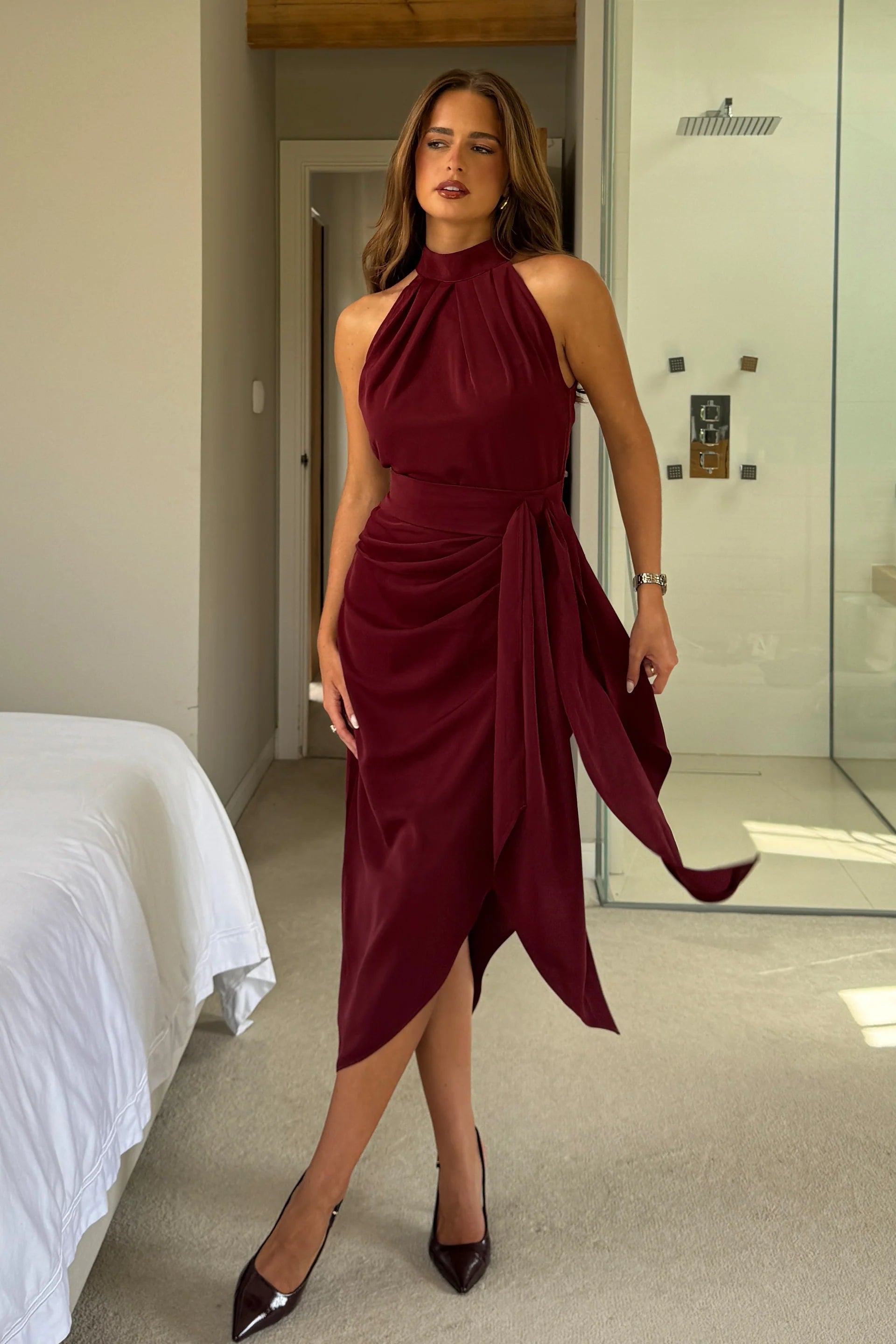 Priya Tie Waist Halter Neck Midi Dress Berry