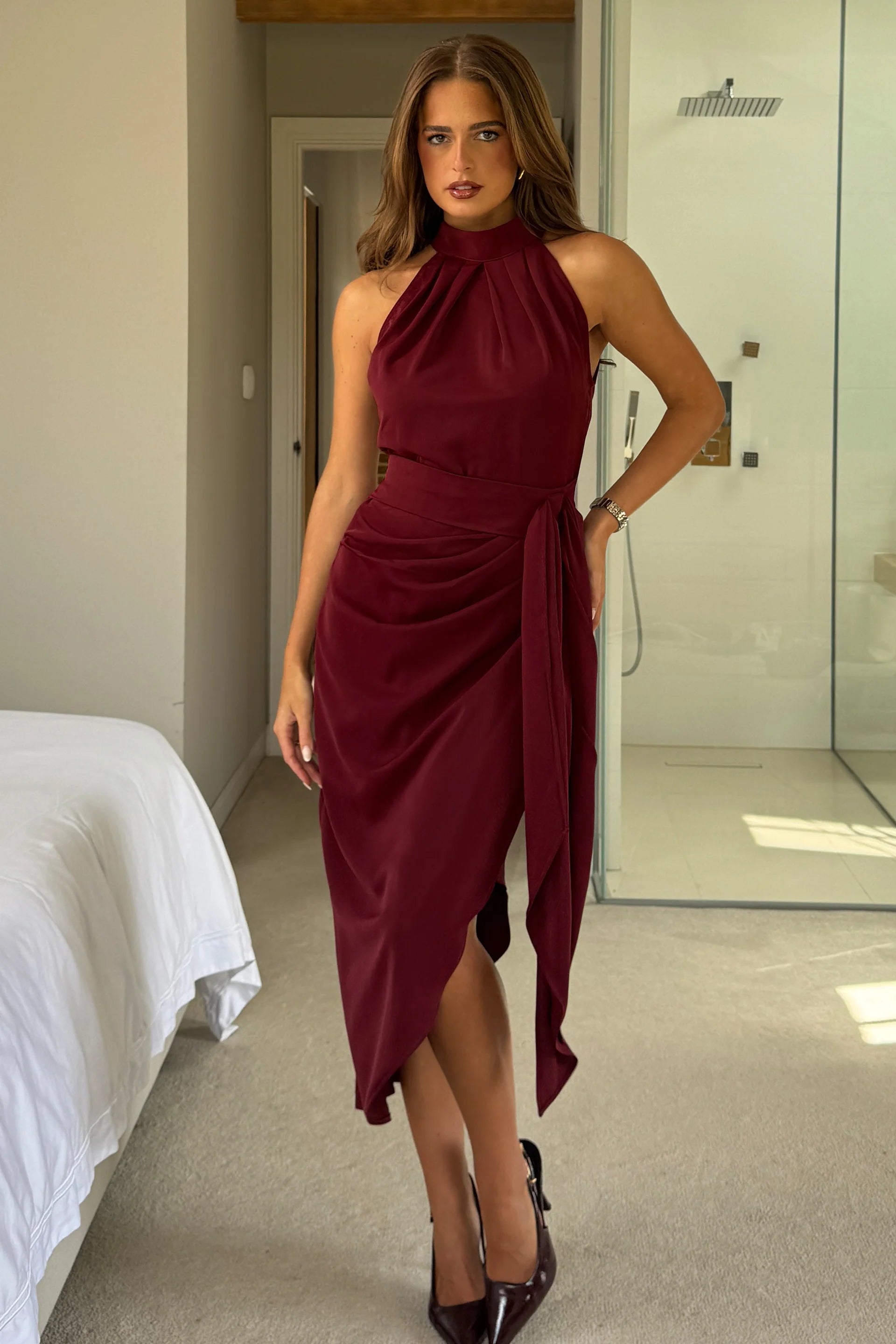 Priya Tie Waist Halter Neck Midi Dress Berry