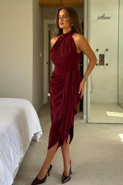 Priya Tie Waist Halter Neck Midi Dress Berry