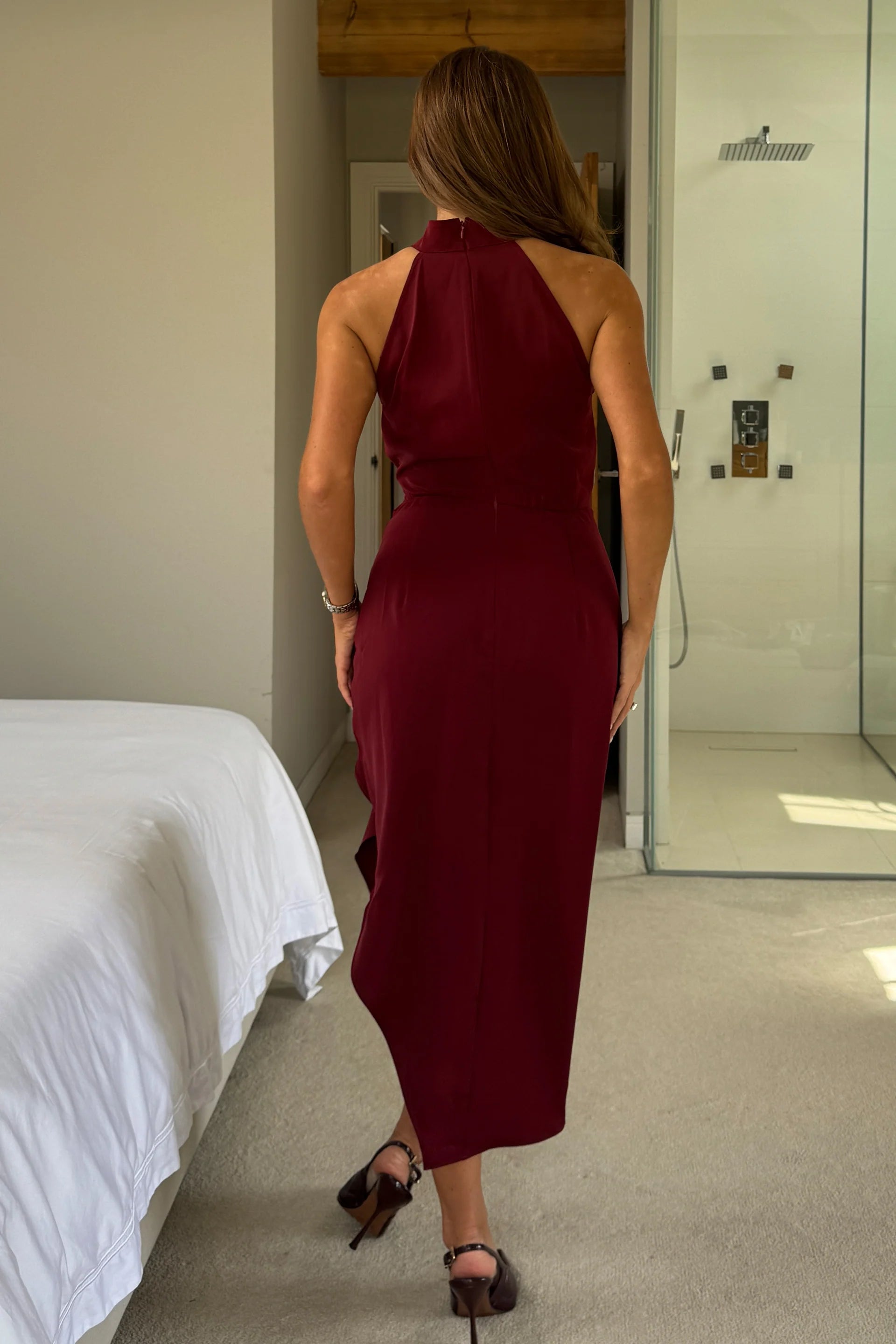 Priya Tie Waist Halter Neck Midi Dress Berry