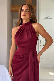 Priya Tie Waist Halter Neck Midi Dress Berry
